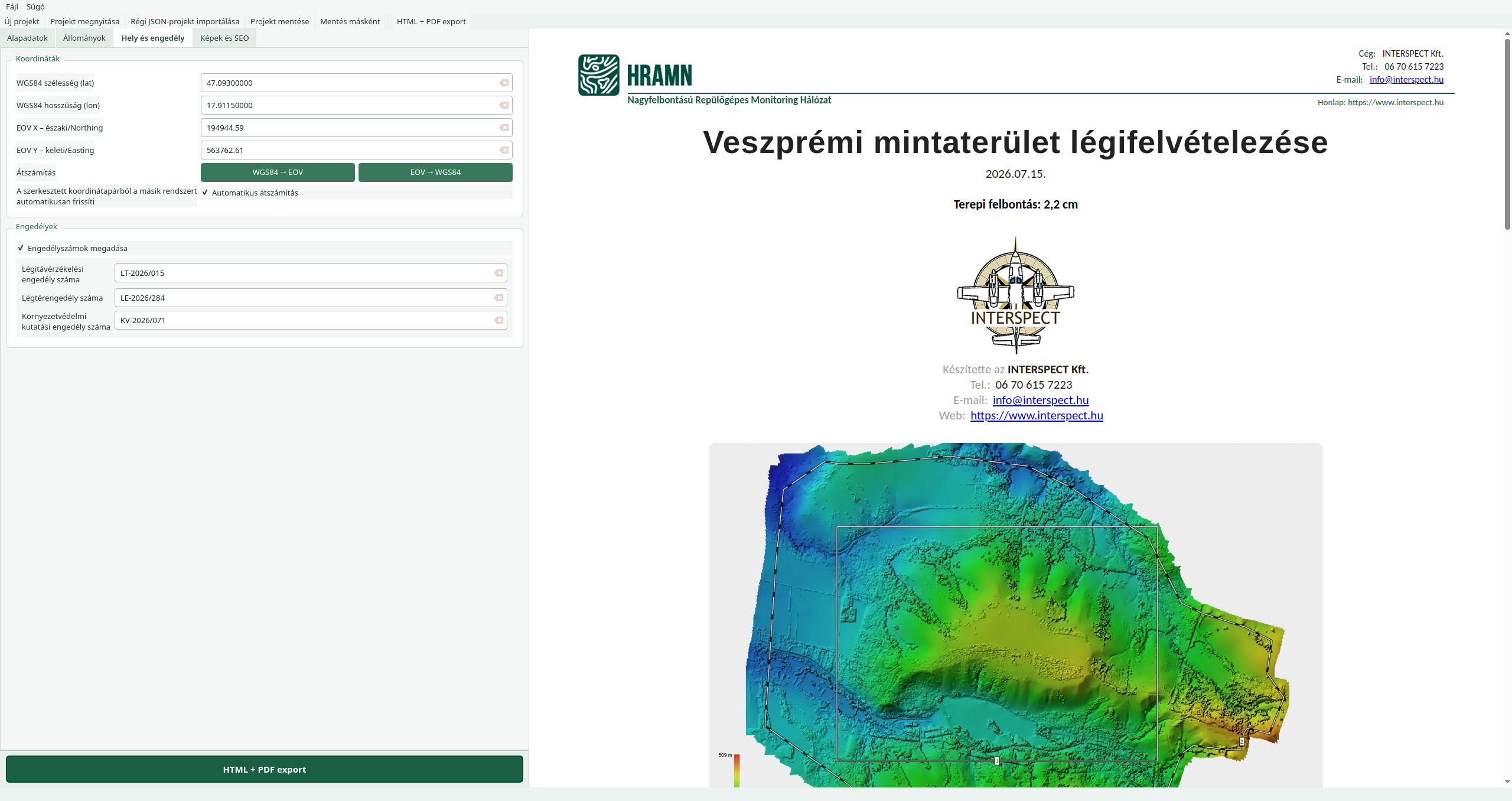 A Hely és engedély lap WGS84 és EOV koordinátákkal, átszámító gombokkal és engedélymezőkkel